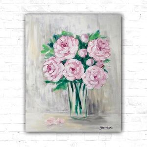 16x20” pink peonies contemporary original acrylic floral painting Impressionism
